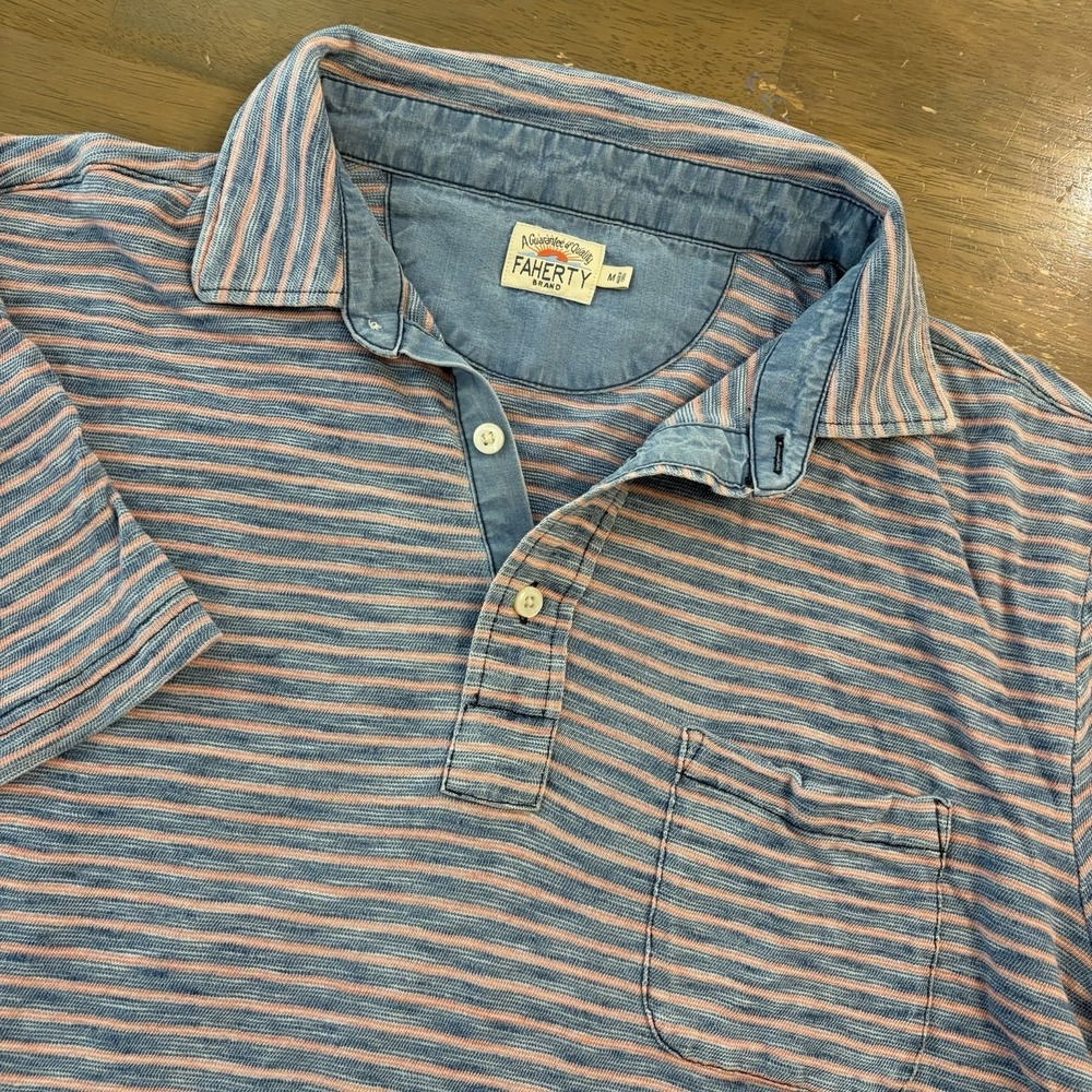 Faherty Shirt Men's Medium Polo Preppy Smart Casual Split Hem Striped Pink Blue